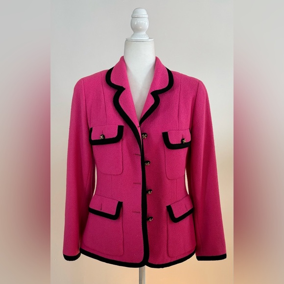 Chanel vintage Fuchsia wool jacket with vintage black piping  size 42 size Small - Picture 1 of 16